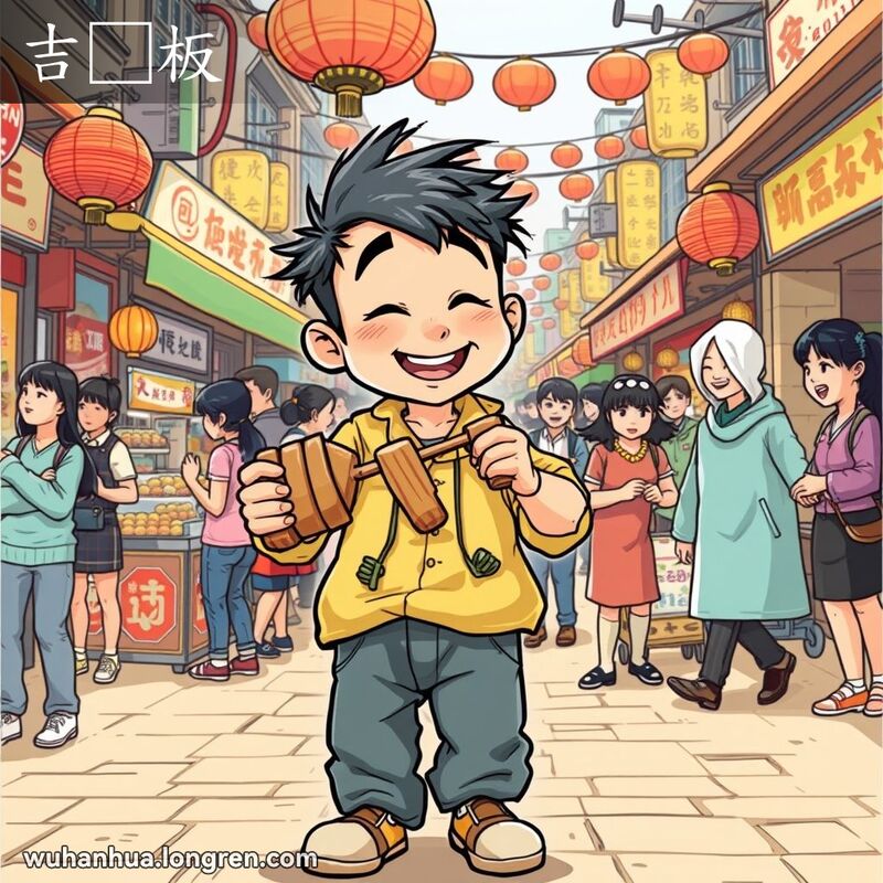 一位武汉街头艺人在市场上用“吉□板”演奏，背景是热闹的市场和围观群众