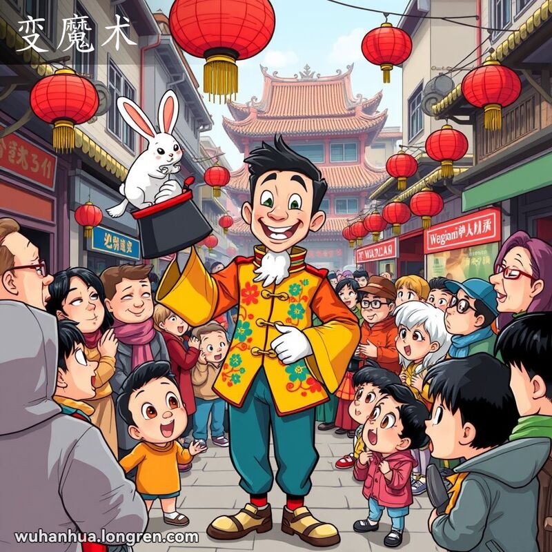 一位魔术师在武汉街头表演魔术，从帽子里变出白兔，观众们露出惊讶的表情，背景是武汉老街景。
