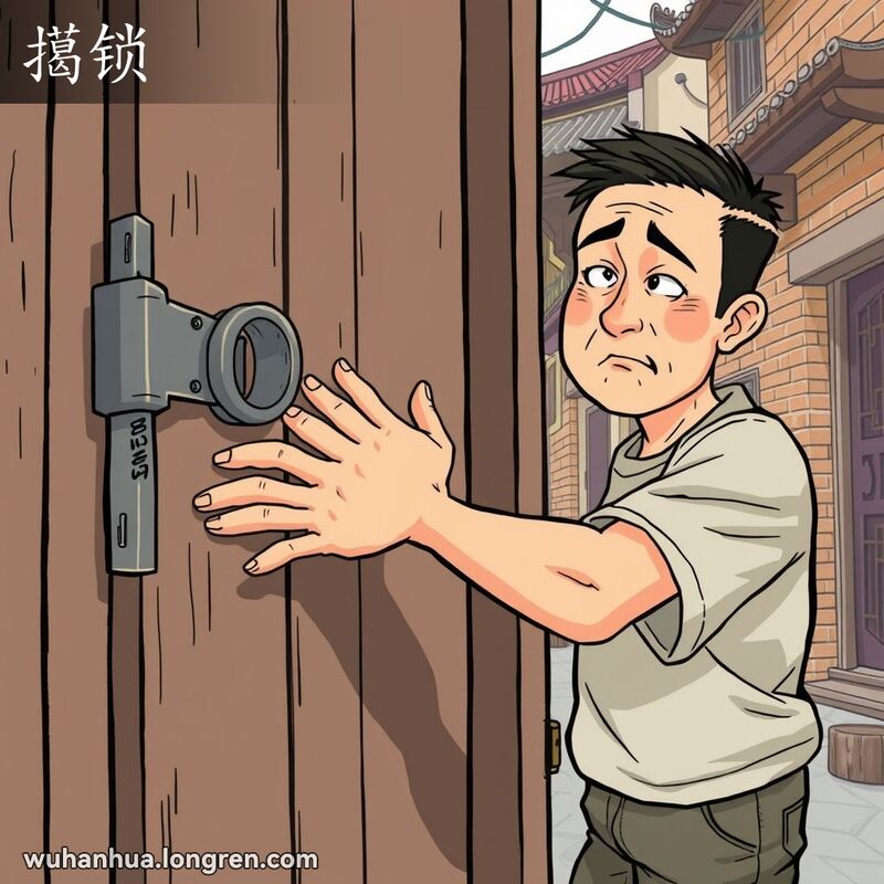一位武汉男子在尝试用力推开一扇装有老式弹簧锁的传统木门，背景是武汉巷子