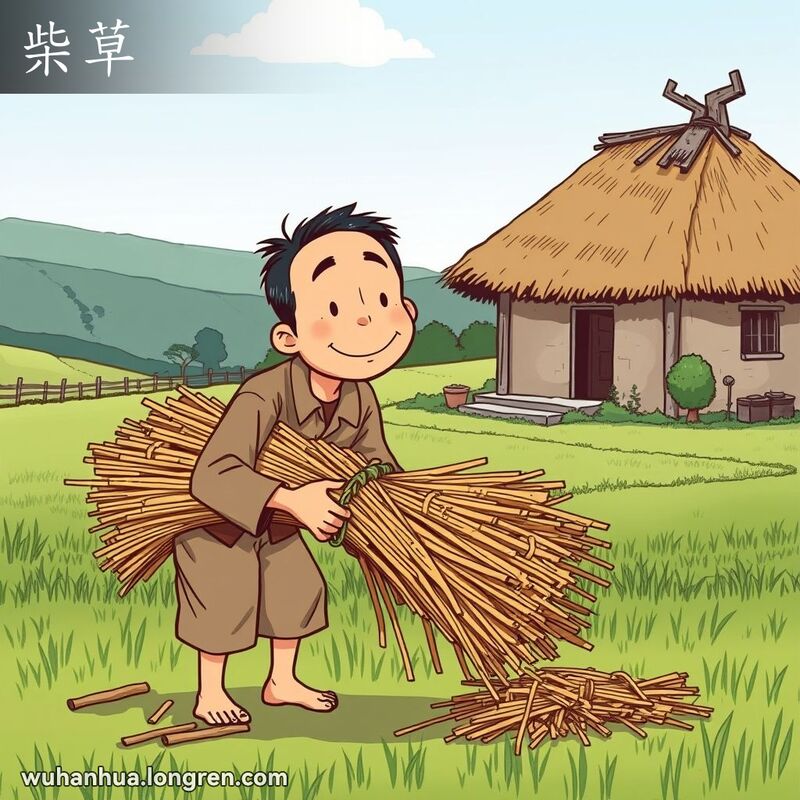 一位武汉农民在乡村环境中收集柴草，背景是茅草屋和田野