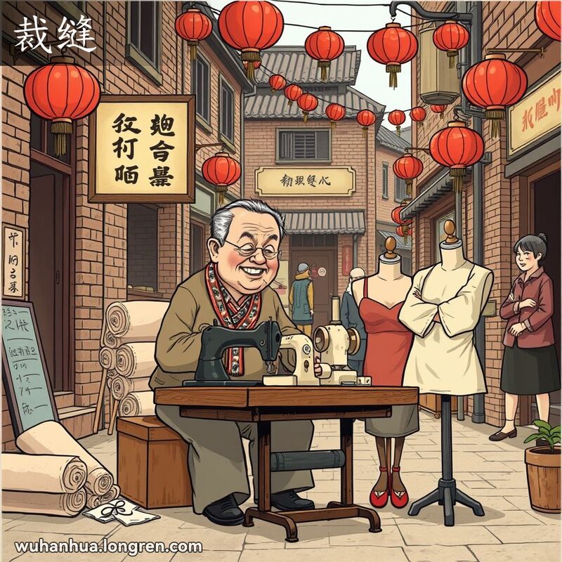 一位中年裁缝师傅在武汉老街上专注地缝制布料，背景有布匹和模特，街道上挂着红灯笼和旧式招牌。