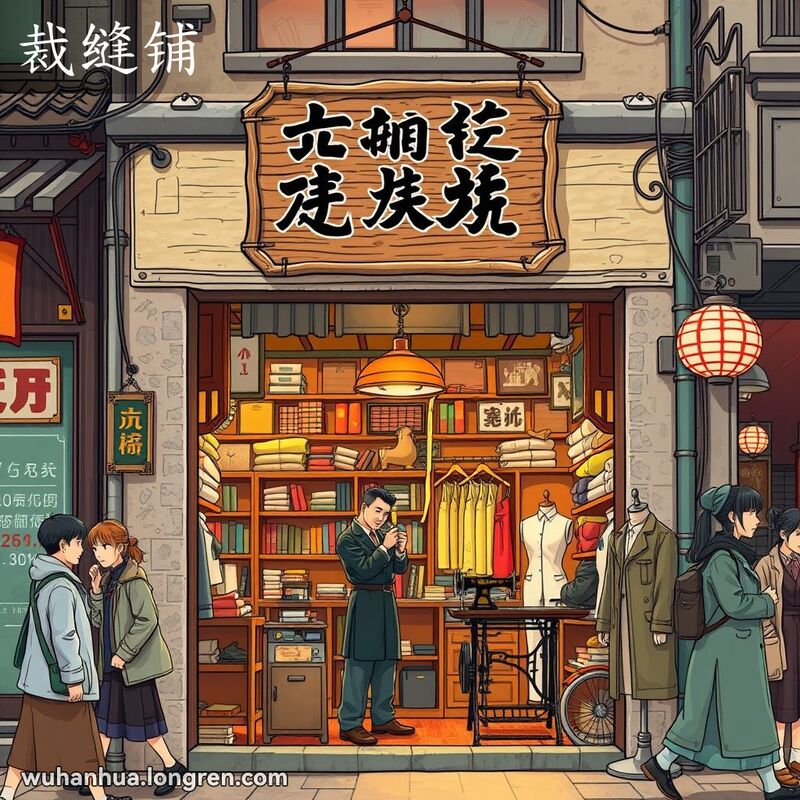 武汉旧时街景，中心是一家老式裁缝铺，裁缝师傅在店内量布料，周围是布匹和缝纫机，街上行人穿着复古服装。