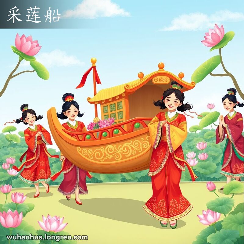 传统中国民间舞蹈表演，舞者们手持装饰精美的木船，背景是莲花池和蓝天。