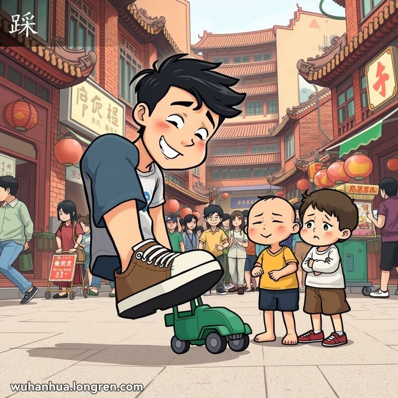 一位年轻人在武汉街头踩着玩具车，旁边的小孩子难过地看着，背景是武汉老街景