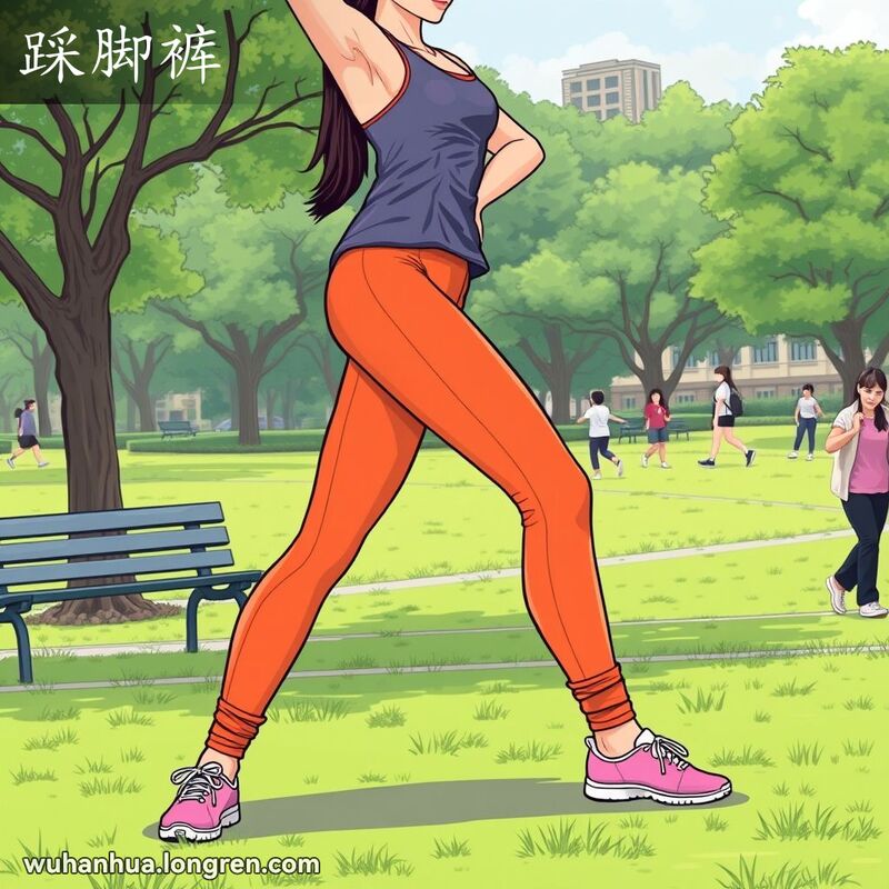 一位武汉年轻女子在公园里穿着健美裤做拉伸动作，裤脚带有橡皮筋，背景是绿意盎然的公园