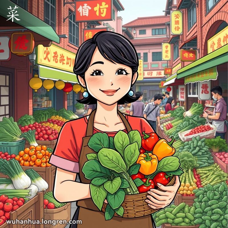 一位武汉妇女在街头菜市场手持一篮鲜艳的蔬菜，背景是热闹的市场和武汉老街景