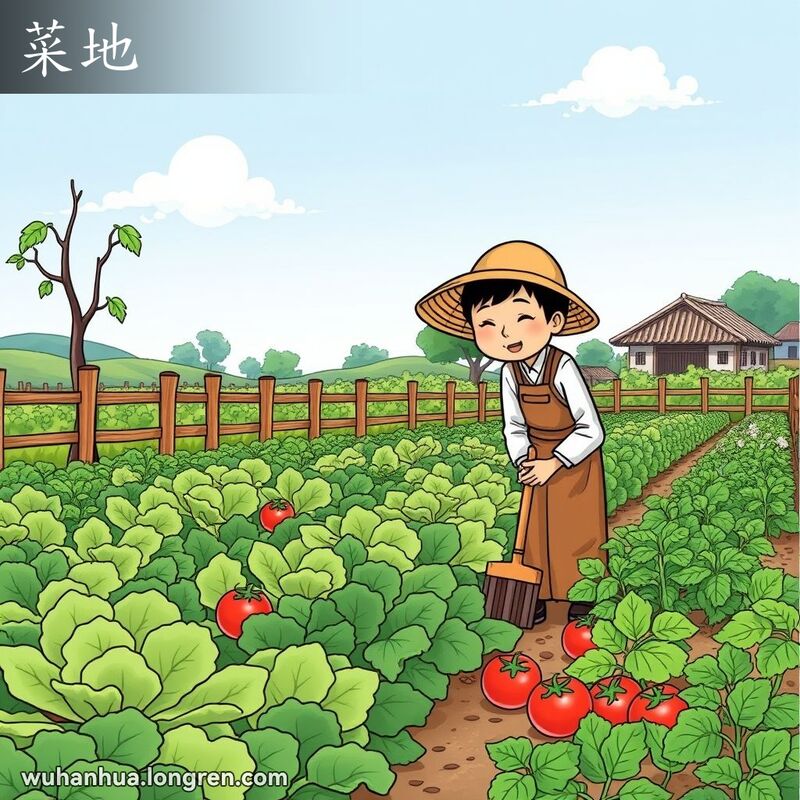 一个绿意盎然的蔬菜园，农民正在照料植物，背景是晴朗的蓝天和传统中国房屋