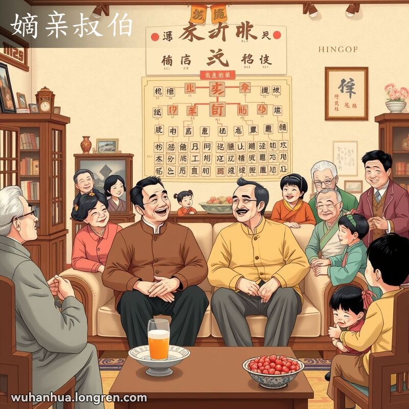 两位中年兄弟在家庭聚会中亲密交谈，背景是传统中国家庭场景和家族树图