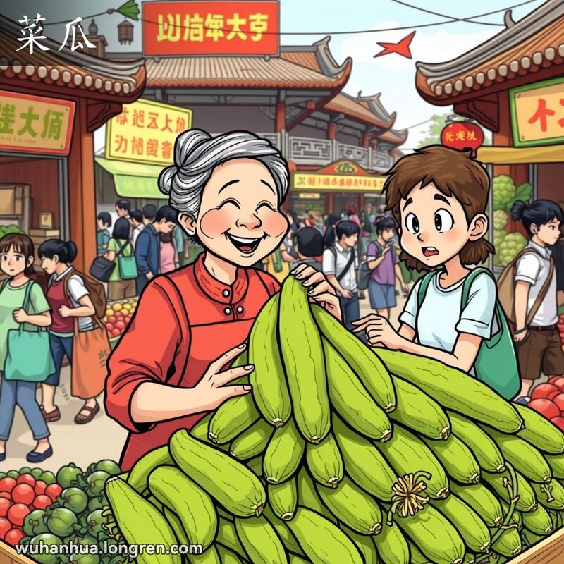 武汉市场摊贩展示绿色长形丝瓜，顾客好奇查看，背景是热闹的市场场景