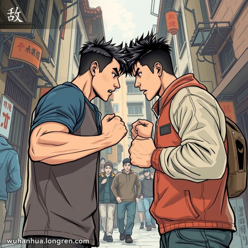 两个年轻人在武汉街头对峙，背景是传统建筑和狭窄的巷子，表现“敌”的对抗意味。