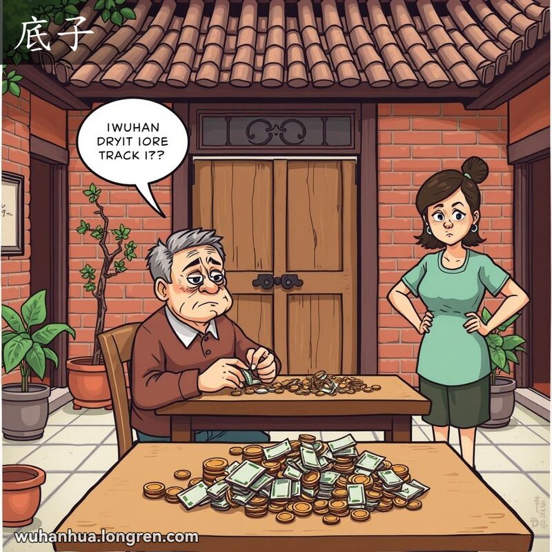 一位中年男子在武汉庭院中数钱，神情焦虑，背后妇女担忧地看着，背景是武汉老建筑