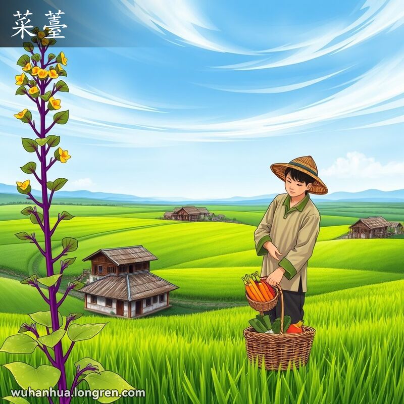 一位农民在田间检查紫色菜薹，背景是绿油油的田野和传统农舍