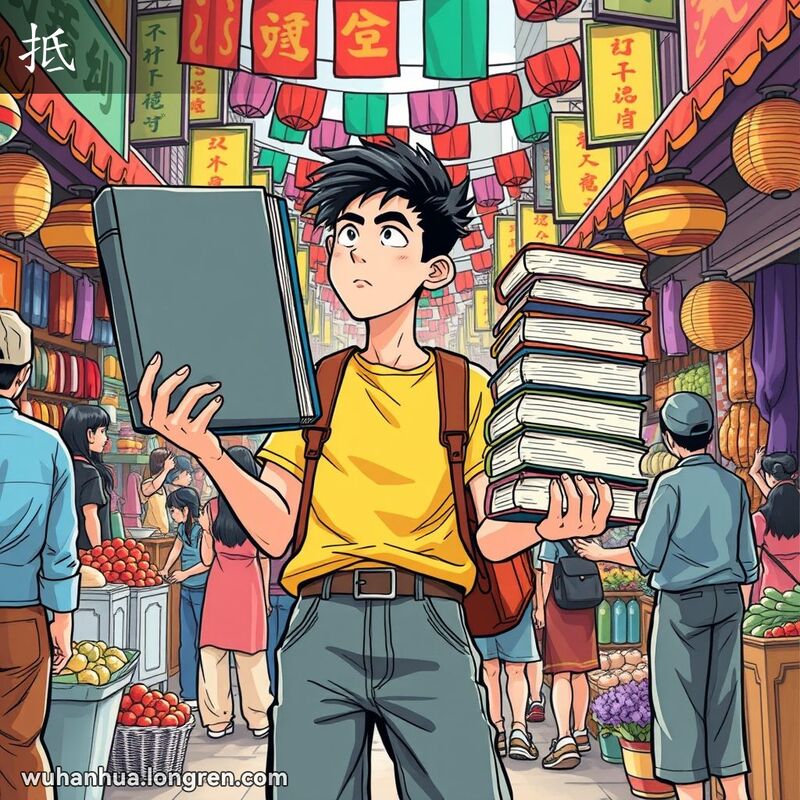 一位年轻男子在武汉市场中手持大书和小书，背景是热闹的市场摊位和人群