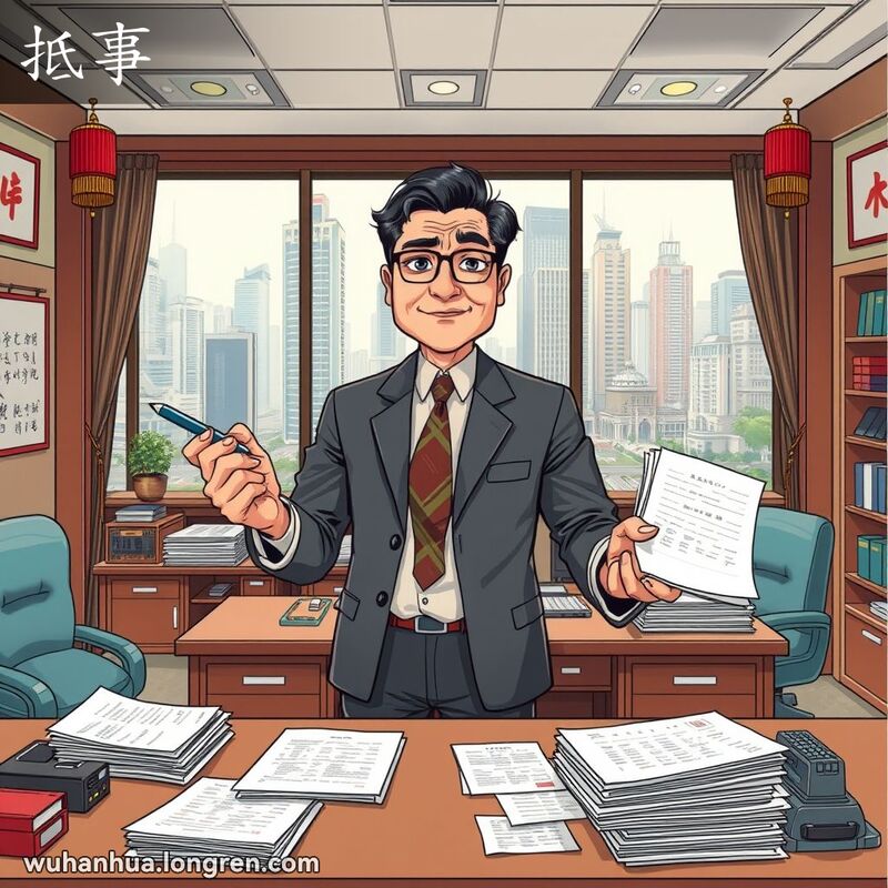 一位中年男子在办公室中，手持笔和文件，神情坚定，背景是繁忙的城市景观