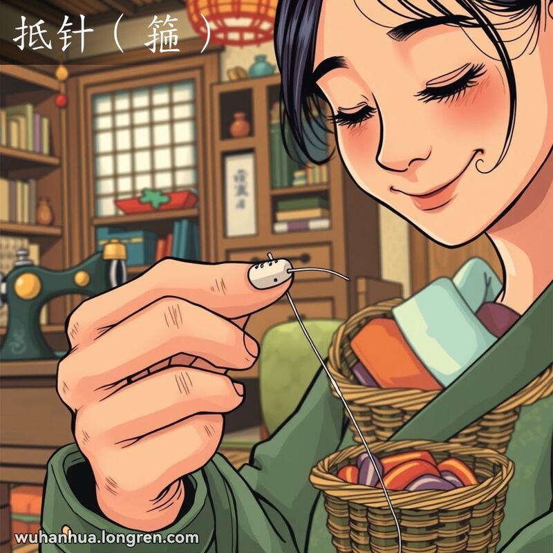一位妇女正在进行针线活，手指上戴着一个传统的金属顶针，背景是一个温馨的老式客厅。