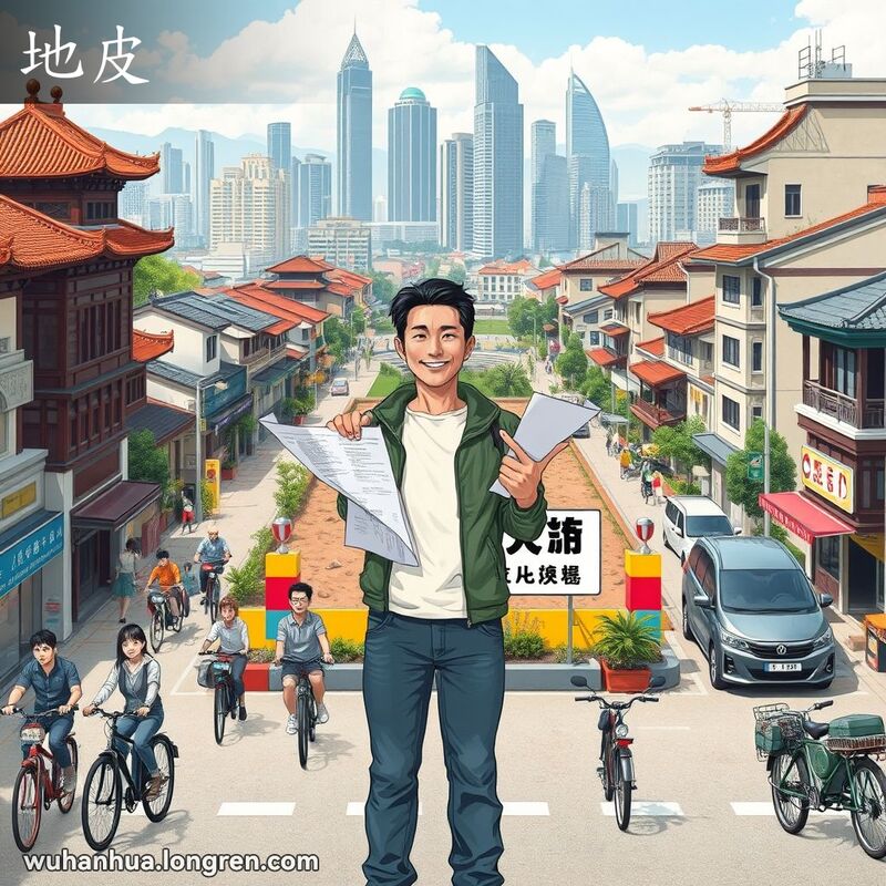 一位武汉市民站在新购买的土地前，手持蓝图，背景是武汉的街景