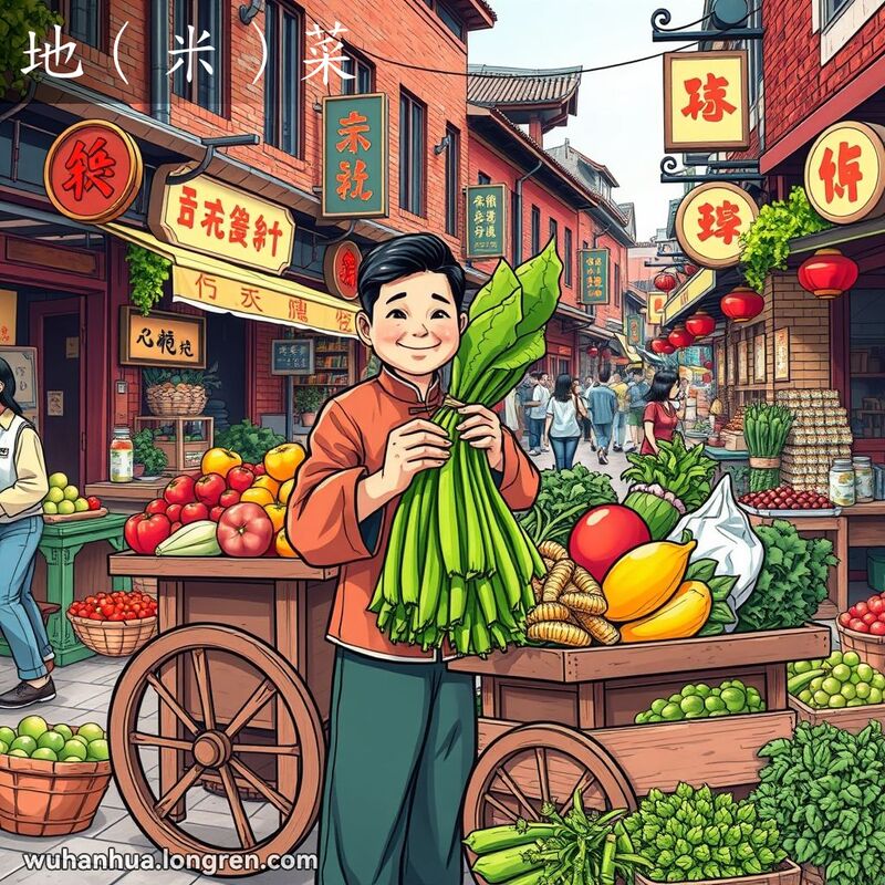 武汉街头市场，小贩在木车上售卖新鲜的荠菜，背景有其他摊位和老街建筑。