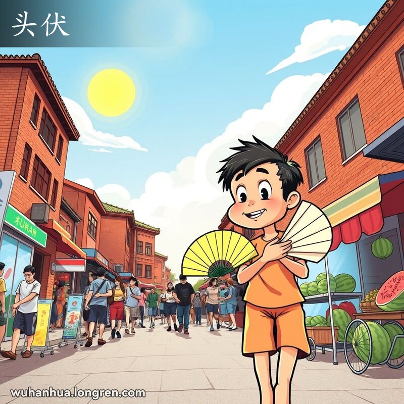 武汉夏季头伏天，居民手持扇子走在街上，背景有老砖房和街边摊贩卖冷饮和西瓜