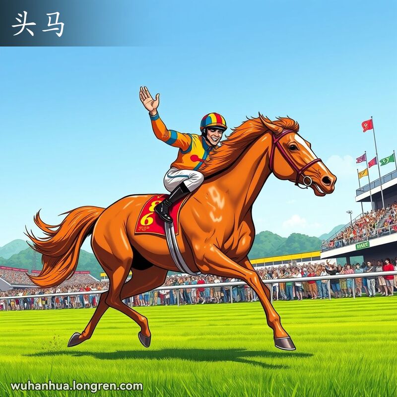 一匹强壮的赛马率先冲过终点线，骑师高举双臂庆祝胜利，背景是绿油油的草地和蓝天，观众席上挥舞旗帜和横幅的热情观众。