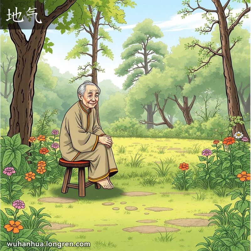 一位穿着传统服饰的武汉老人坐在花园中的小凳子上，脚踩湿润的地面，吸收地气，背景是宁静的自然景观