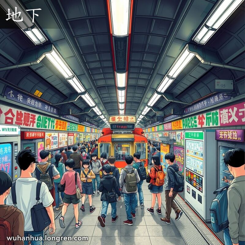 武汉地铁站内人来人往，墙壁上布满涂鸦和海报，平台上有等待列车的乘客，旁边还有自动售货机和小摊贩。