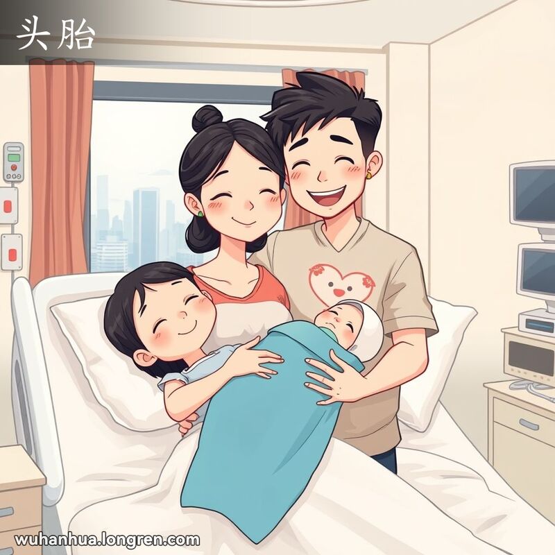一对武汉年轻夫妇在医院病房里抱着他们的第一个孩子，背景是医院病房和武汉的城市景观