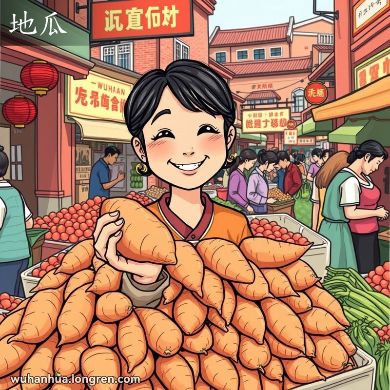 一位穿着传统服装的武汉妇女在市场摊位前手持地瓜微笑，背景是热闹的市场和老街景