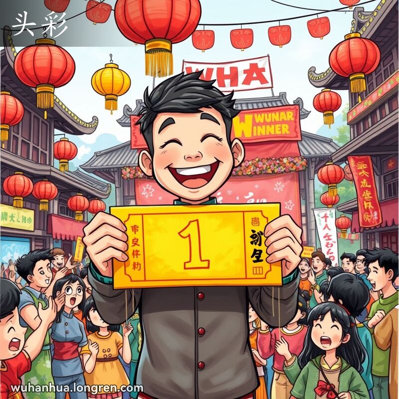 武汉节日场景中，一个男子手持金色头彩奖票，周围是欢呼的人群和装饰着鲜花的舞台