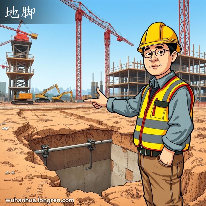 武汉建筑工人在施工现场指着地基，背景有施工设备和其他工人
