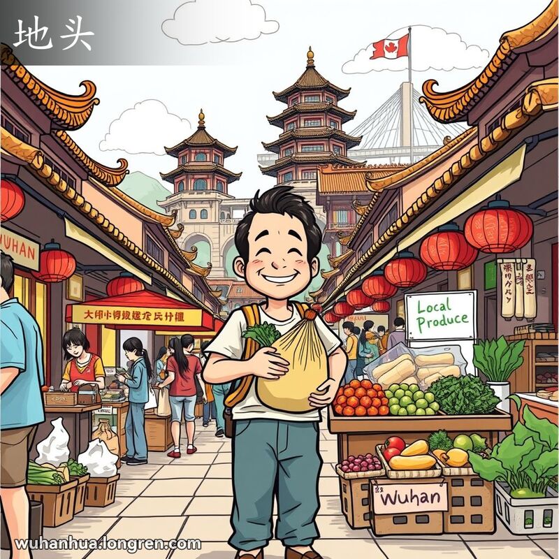 武汉市场中，一位居民手拿本地农产品，背景有黄鹤楼和长江大桥，表现“地头”的本地意义。