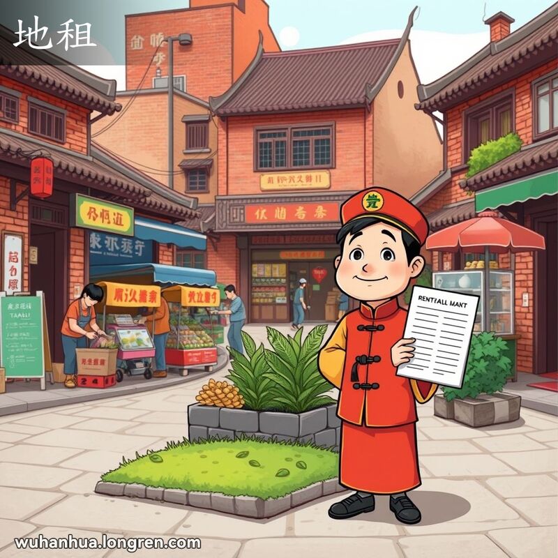 一位传统装扮的武汉地主站在土地前，手持租赁协议和现金，背景是热闹的武汉老街市场