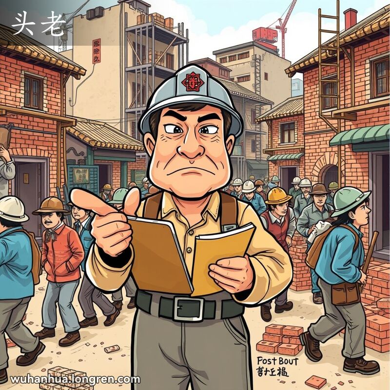 一位工头在武汉老建筑工地指挥工人，背景有老砖房和脚手架