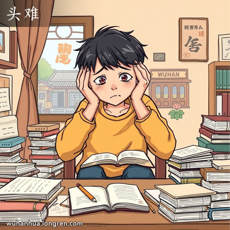 一位年轻人坐在书桌前，显得沮丧和无从下手，表现出“头难”的情景，背景是温馨的书房和武汉街景