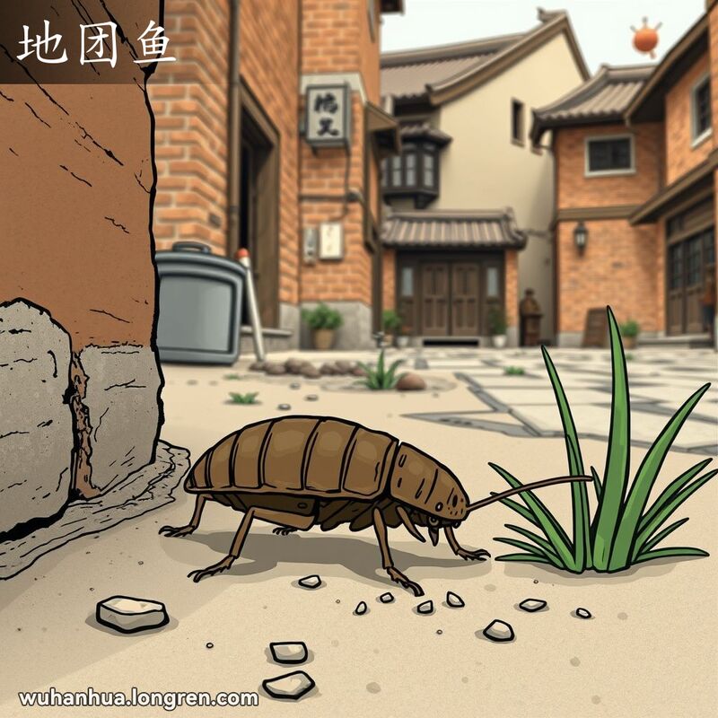 一只土鳖在武汉老街墙根爬行，周围有草叶和小石子，背景是老砖墙和传统建筑