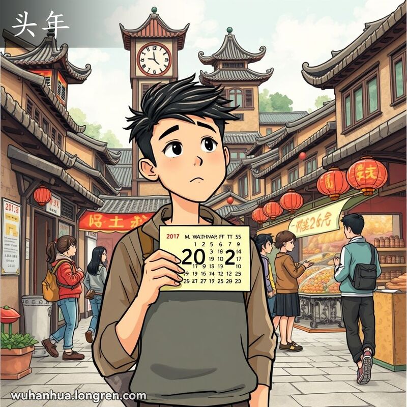一位年轻人手持日历站在武汉街道上，背景是朋友们讨论新年计划的场景，画面混合了现代和传统元素。