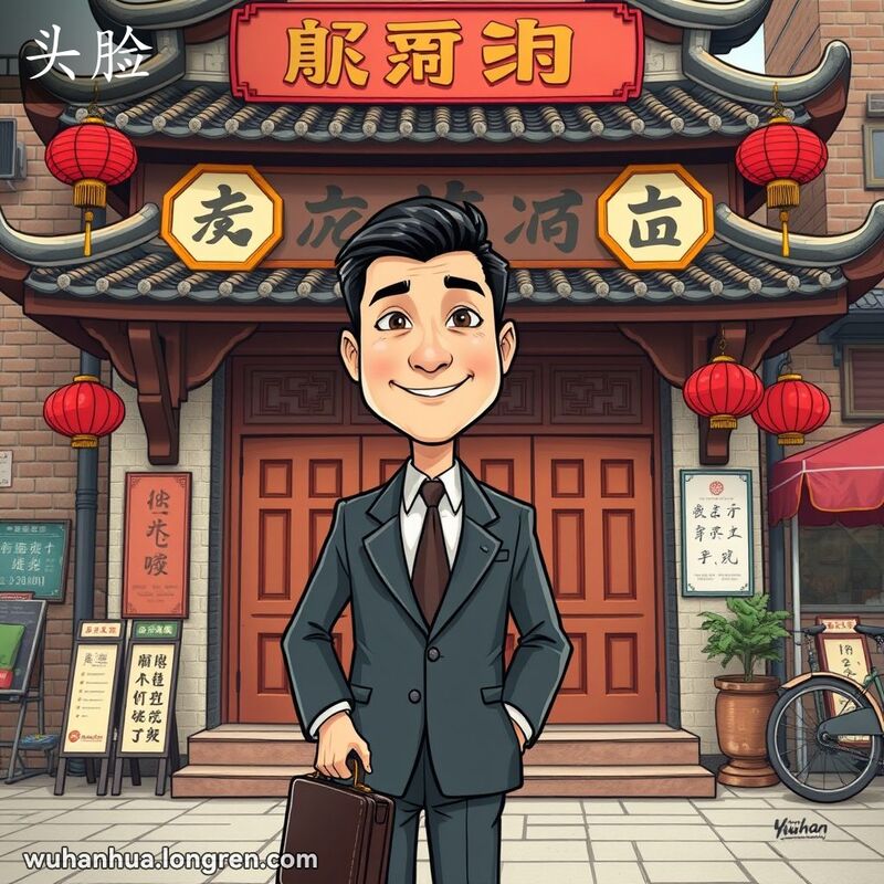 一位穿着西装的男子站在武汉传统茶馆前，神情自信且庄重，背景是中式建筑茶馆，展现了文化的丰富性。